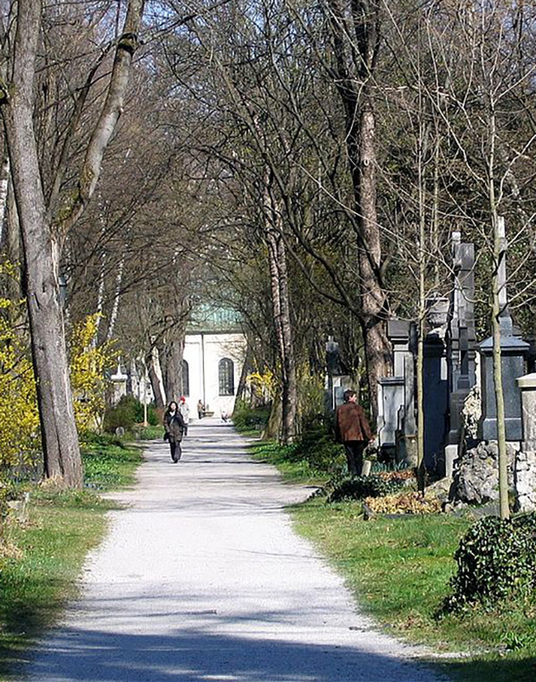 Blick vom Eingang zur Aussegnungshalle entlang eines baumbestandenen Weges
